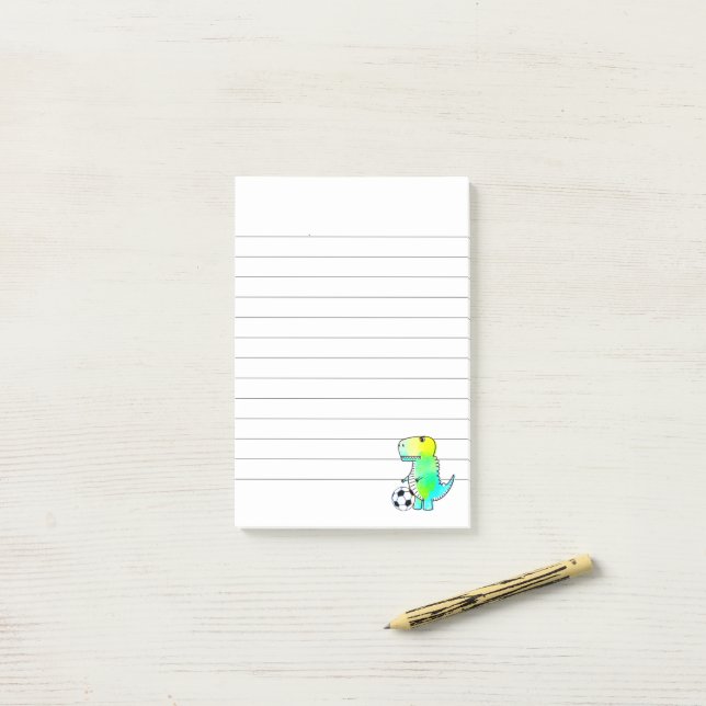 Cute Dinosaur Loves Soccer Watercolor Lined Post-it Notes (On Desk)