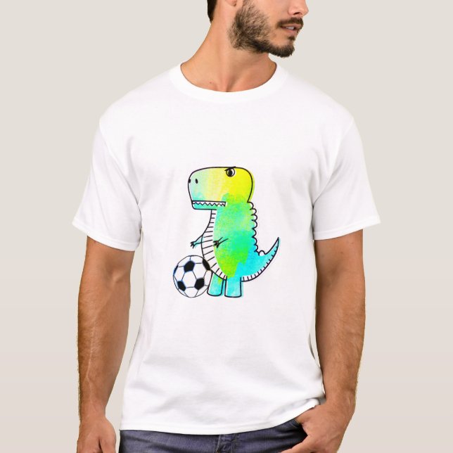 Cute Dinosaur Loves Soccer Watercolor T-Shirt (Front)