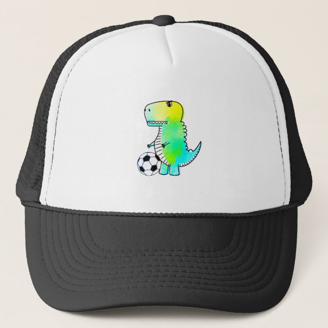 Cute Dinosaur Loves Soccer Watercolor Trucker Hat (Front)