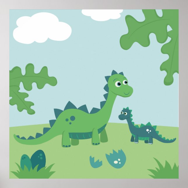 Cute dinosaur mother and baby boy nursery poster (Front)