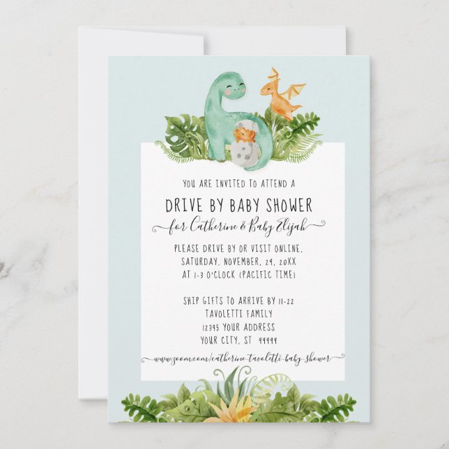 Cute Dinosaur Mummy Foliage Baby Drive By Shower I Invitation (Front)