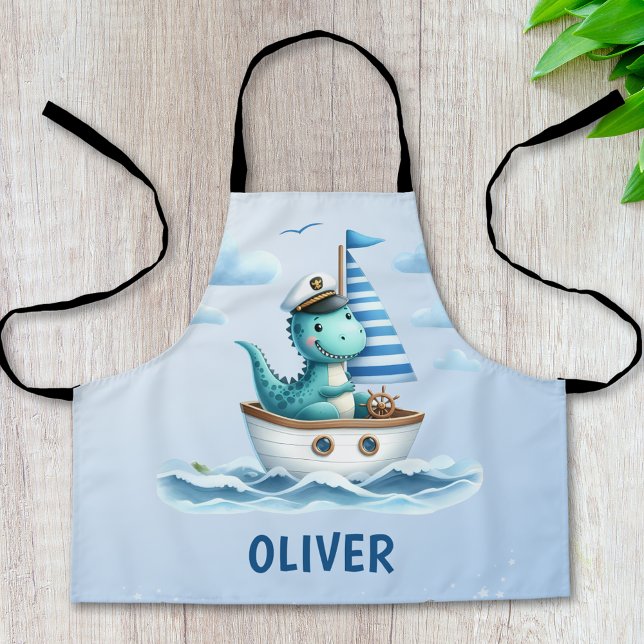 Cute Dinosaur Nautical Captain Personalised Blue Apron (Creator Uploaded)