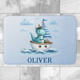 Cute Dinosaur Nautical Captain Personalised Blue Bath Mat
