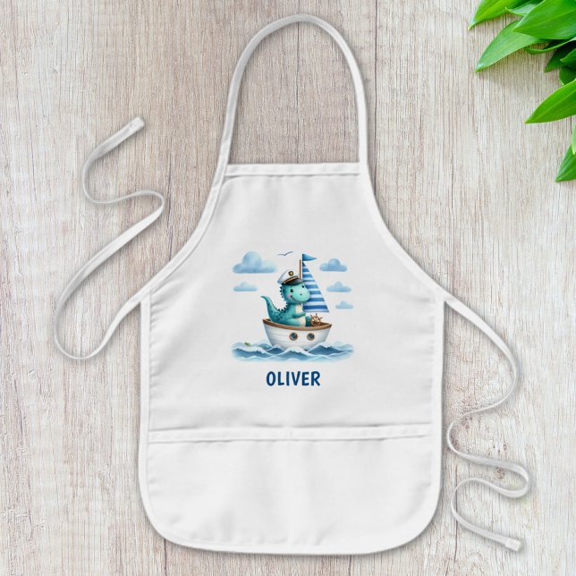 Cute Dinosaur Nautical Captain Personalised Blue Kids Apron (Creator Uploaded)