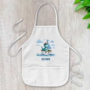 Cute Dinosaur Nautical Captain Personalized Blue Kids Apron
