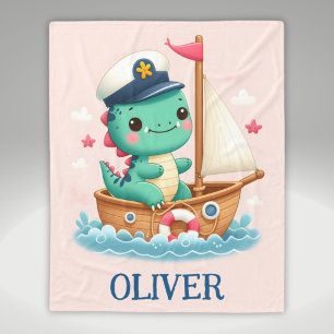 Cute Dinosaur Nautical Sailboat Captain Fleece Blanket
