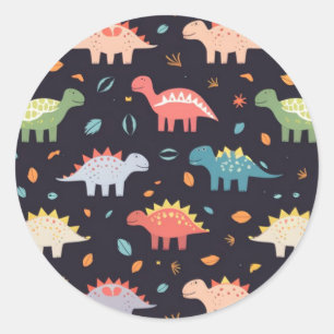 Cute Dinosaur, Navy Cute Colourful Dinosaur Patter Classic Round Sticker