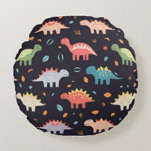 Cute Dinosaur, Navy Cute Colourful Dinosaur Patter Round Cushion