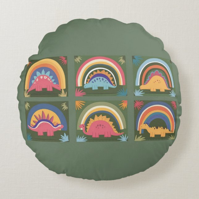 Cute Dinosaur, Navy Cute Colourful Dinosaur Patter Round Cushion (Front)