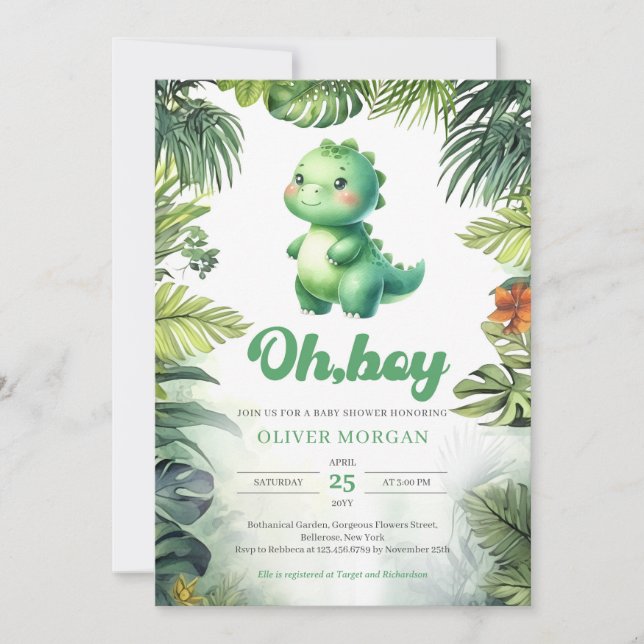Cute dinosaur Oh boy tropical greenery baby shower Invitation (Front)