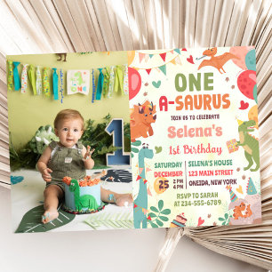 Cute Dinosaur One-A-Saurus 1st Birthday Photo Invitation