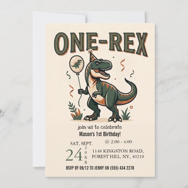 Cute Dinosaur One-Rex 1st Birthday Invitation (Front)