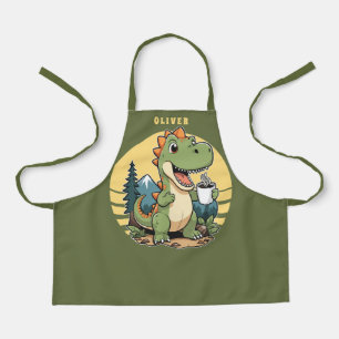 Cute Dinosaur Outdoors Chef Custom Name Camping Apron