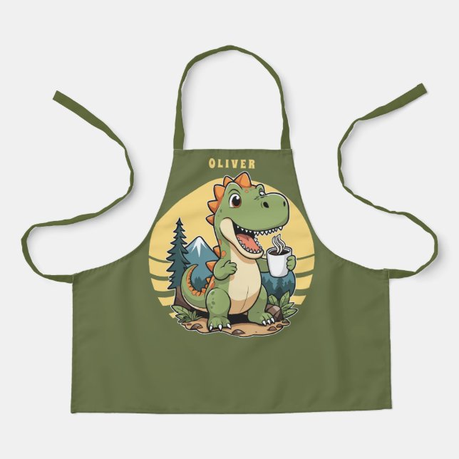 Cute Dinosaur Outdoors Chef Custom Name Camping Apron (Front)