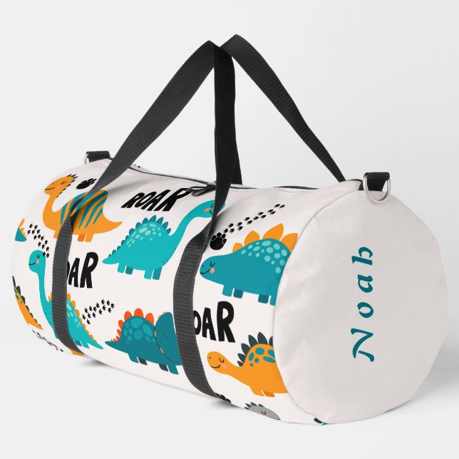Cute Dinosaur Pattern Custom Monogram Name Kids Duffle Bag (Left Corner)