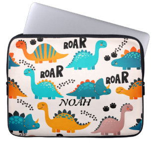 Cute Dinosaur Pattern Custom Monogram Name Kids Laptop Sleeve