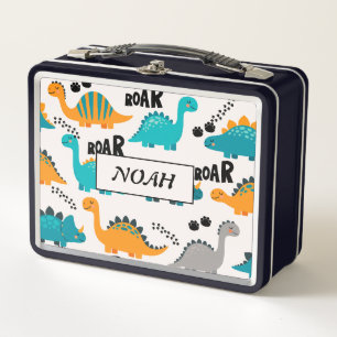 Cute Dinosaur Pattern Custom Monogram Name Kids Metal Lunch Box