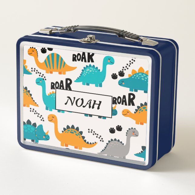 Cute Dinosaur Pattern Custom Monogram Name Kids Metal Lunch Box (Front)