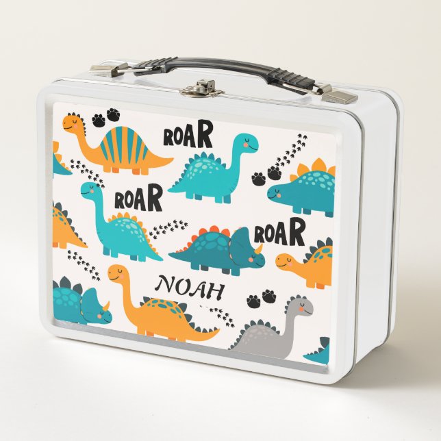 Cute Dinosaur Pattern Custom Monogram Name Kids Metal Lunch Box (Front)