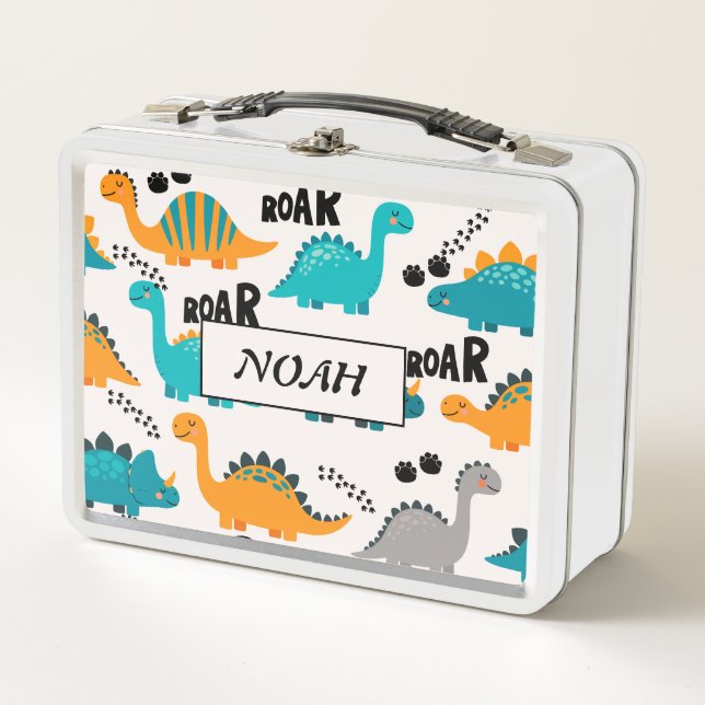 Cute Dinosaur Pattern Custom Monogram Name Kids Metal Lunch Box (Front)