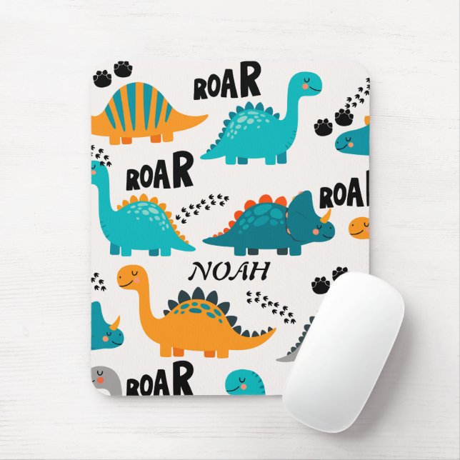 Cute Dinosaur Pattern Custom Monogram Name Kids Mouse Mat (With Mouse)
