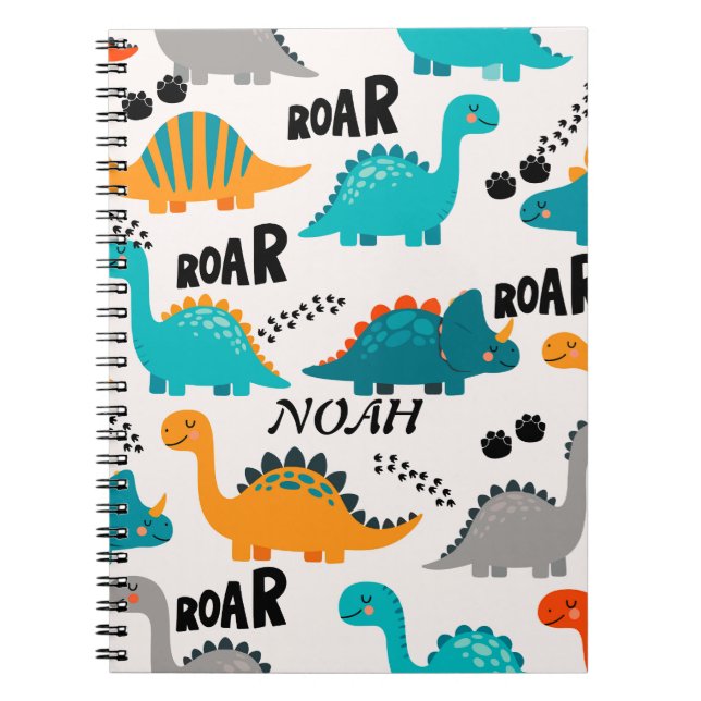 Cute Dinosaur Pattern Custom Monogram Name Kids Notebook (Front)