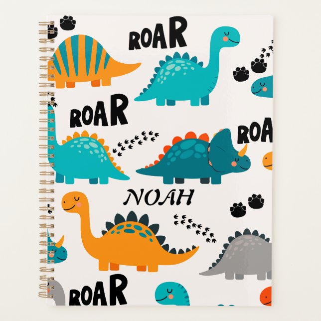Cute Dinosaur Pattern Custom Monogram Name Kids Planner (Front)