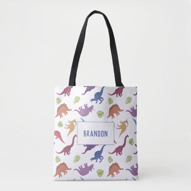 Cute Dinosaur Pattern Dino Personalised Name Tote Bag (Front)