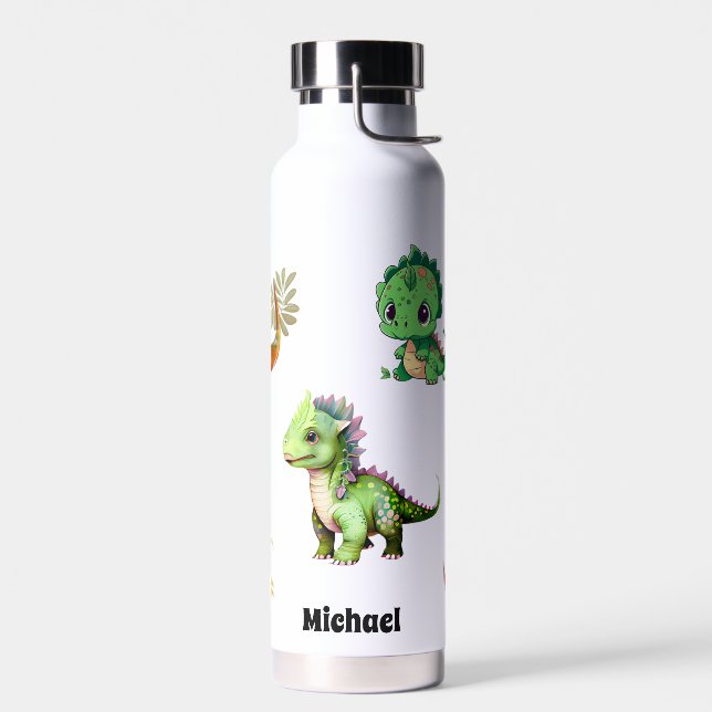 Cute Dinosaur Pattern Kids Personalised Name Water Bottle (Left)