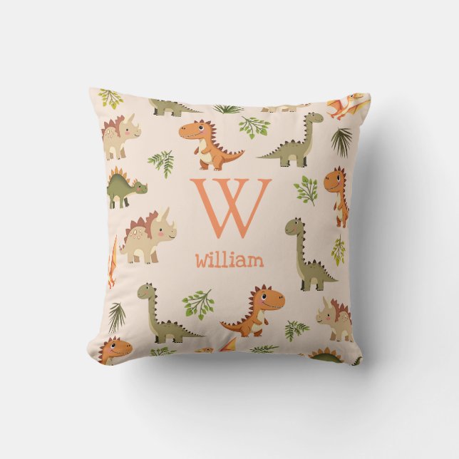 Cute Dinosaur Pattern Monogram Name Nursery Cushion (Front)