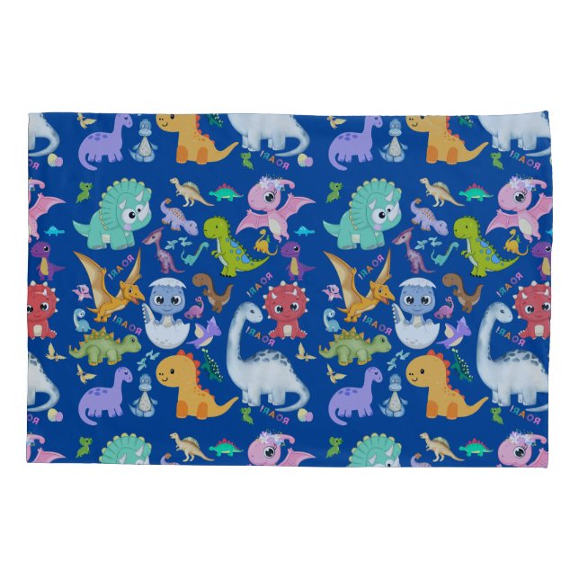 Cute Dinosaur Pattern on Blue | Pillowcase (Back)