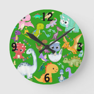 Cute Dinosaur Pattern on Green   Round Clock