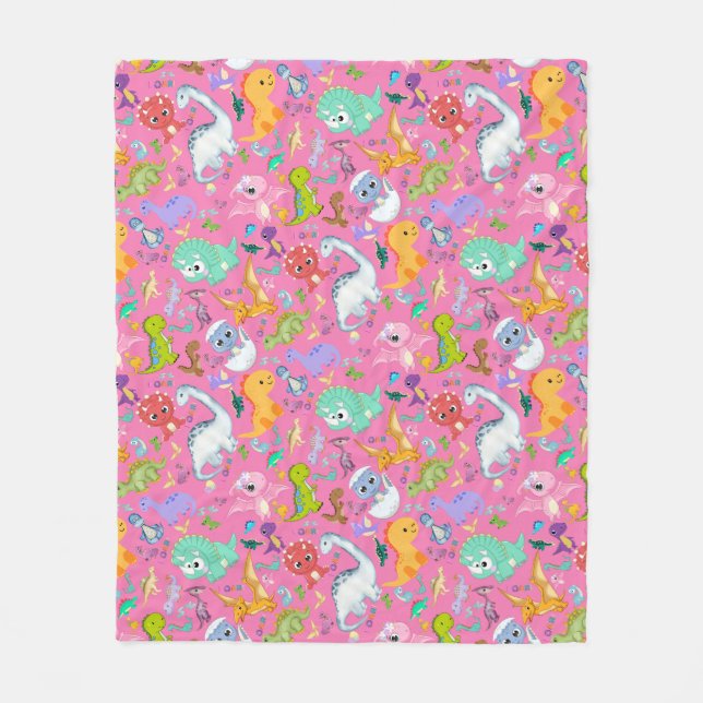 Cute Dinosaur Pattern on Pink | Fleece Blanket (Front)
