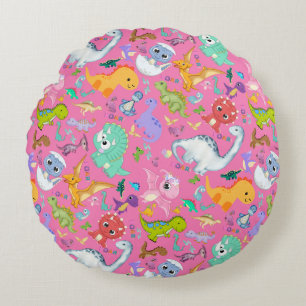 Cute Dinosaur Pattern on Pink Round Cushion