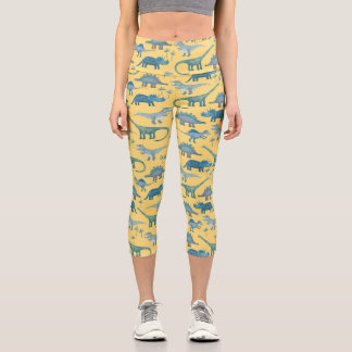 Cute Dinosaur Pattern on Yellow Capri Leggings