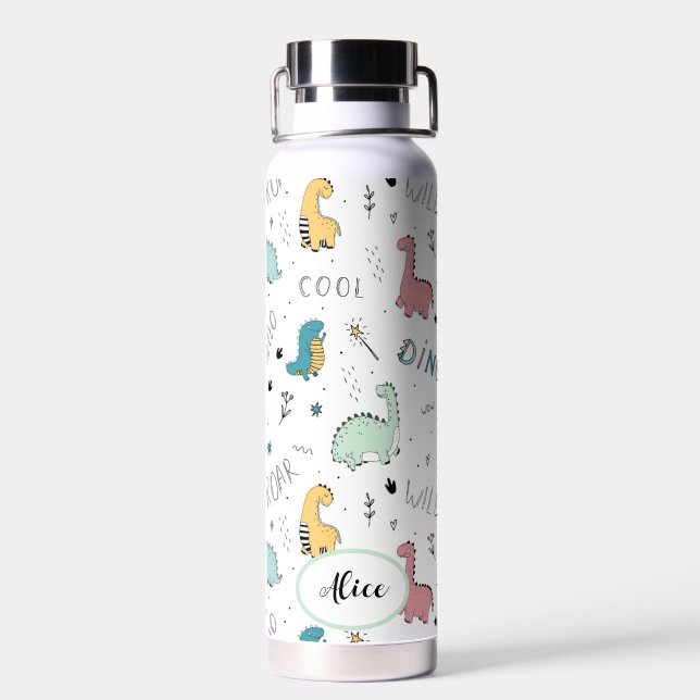 Cute Dinosaur Pattern Personalised Name Kids Water Bottle (Back)
