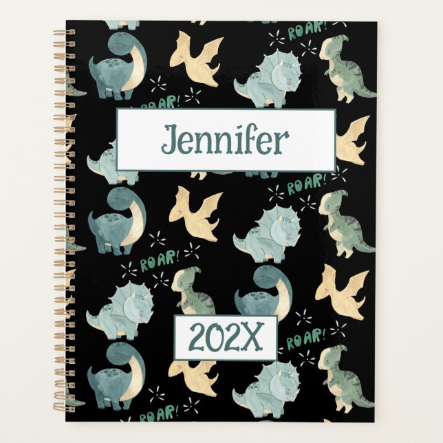 Cute Dinosaur Personalised Black 2024 Undated Planner (Front)