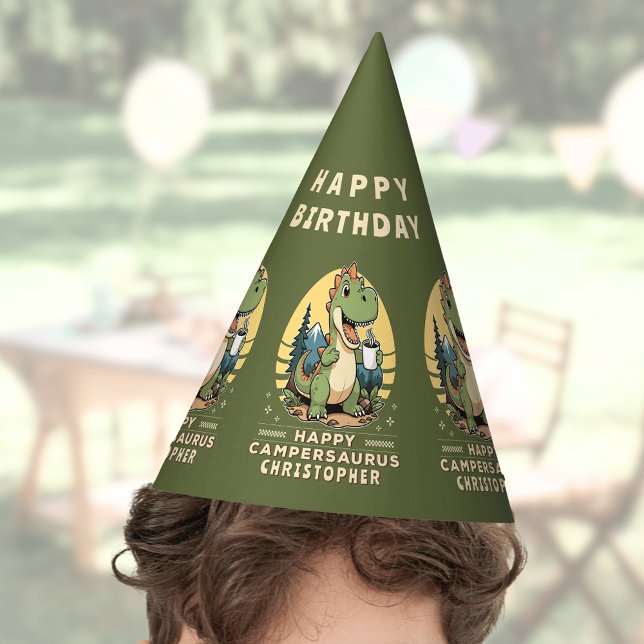 Cute Dinosaur Personalised Camping Birthday Party Hat (Creator Uploaded)