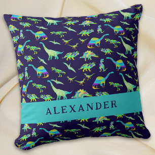 Cute Dinosaur Personalised Name Blue Cushion