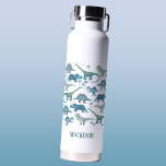 Cute Dinosaur Personalised Water Bottle<br><div class="desc">Lots of blue dinosaurs,  Tyrannosaurus rex,  Spinosaurus,  Stegosaurus,  Diplodocus and Triceratops.
Perfect for budding paleontologists!  
Remove or change the name to customise.</div>