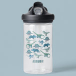 Cute Dinosaur Personalised Water Bottle<br><div class="desc">Lots of blue dinosaurs,  Tyrannosaurus rex,  Spinosaurus,  Stegosaurus,  Diplodocus and Triceratops on a blue background.  Change the name to personalise. Original art by Nic Squirrell.</div>