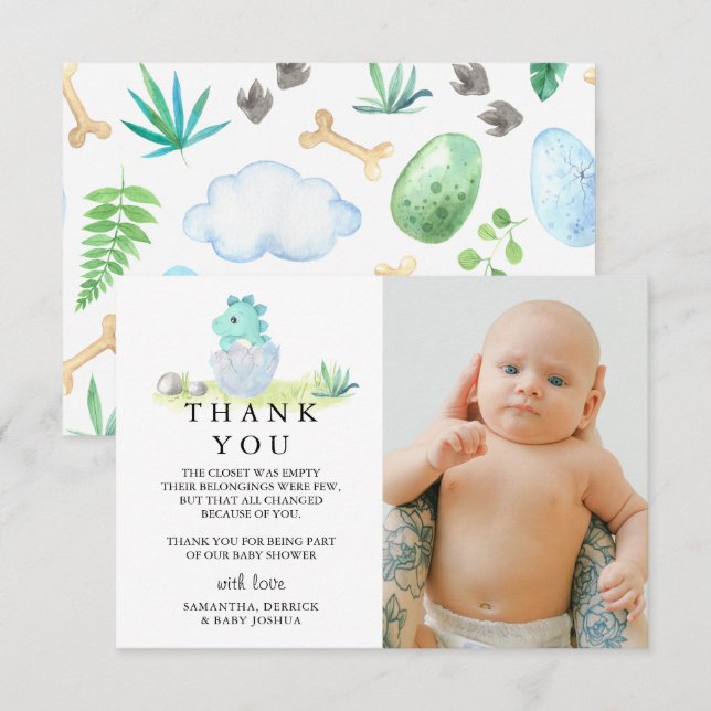 Cute Dinosaur Photo Baby Shower Thank You Card (Front/Back)