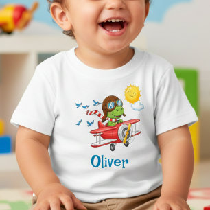Cute Dinosaur Pilot Flying Red Aeroplane Baby T-Shirt