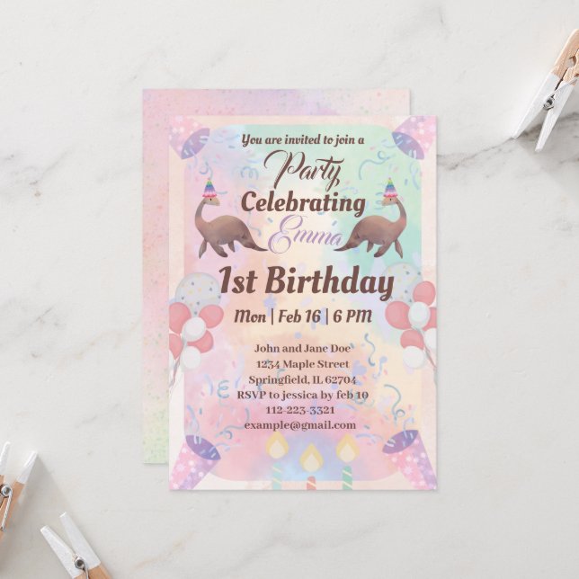 Cute dinosaur pink colour kids 1st birthday  invitation (Front/Back In Situ)