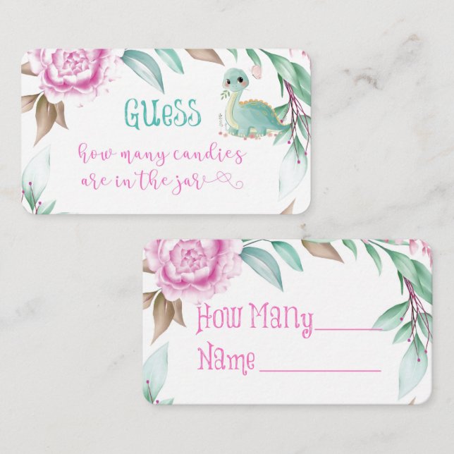 Cute Dinosaur Pink Peony How Many Candies In A Jar Business Card (Front/Back)