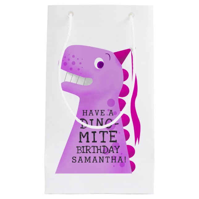Cute Dinosaur Pink Personalised Birthday Small Gift Bag (Front)