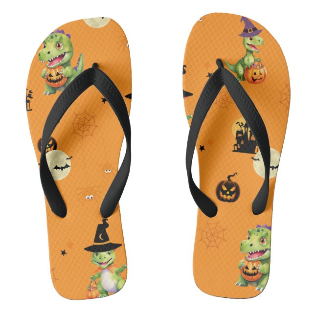 Cute Dinosaur play pumpkin trick o treat halloween Flip Flops (Footbed)