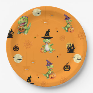 Cute Dinosaur play pumpkin trick o treat halloween Paper Plate
