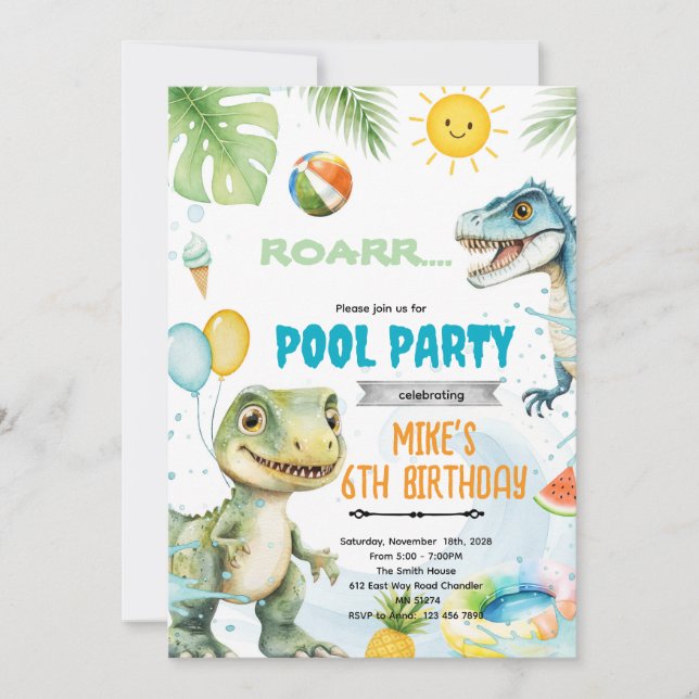 Cute dinosaur pool theme invitation (Front)