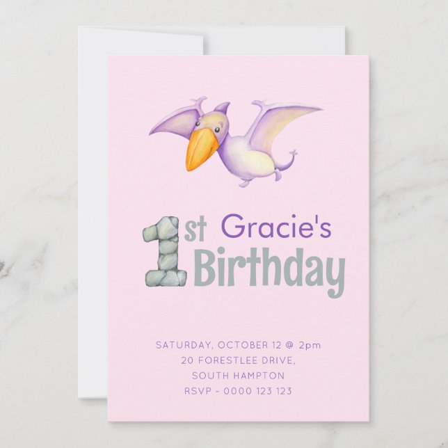 Cute Dinosaur Pterodactyl 1st Birthday Party Girls Invitation (Front)